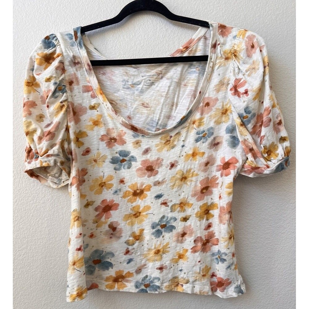 Anthropologie Floral Puff Sleeve Top XL Cotton Slub Scoop Neck Tee Cottagecore